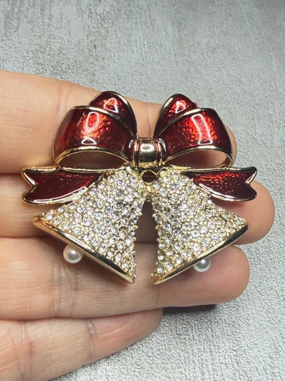 Napier Christmas Bells Brooch Red Rhinestones Vintage